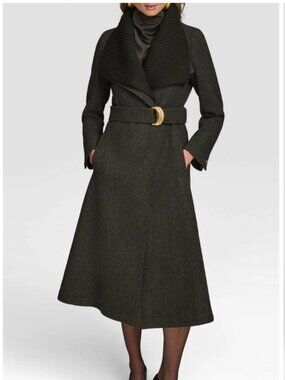 Donna Karan Rib Belted Wool Blend Wrap Coat